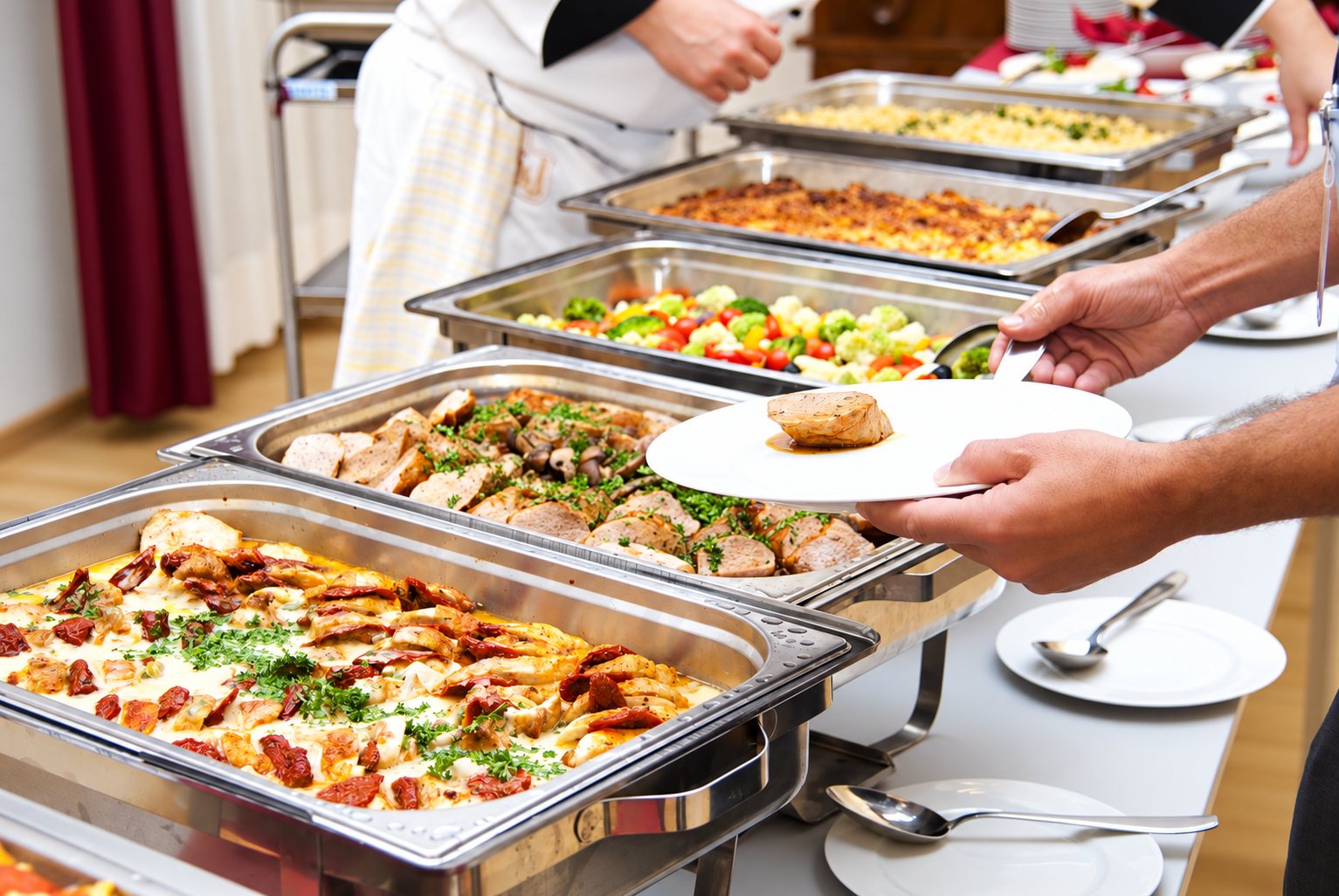 Un convive tenant une assiette blanche se sert devant un buffet de plats chauds, viandes, gratin et légumes, présentés dans des bacs en inox.