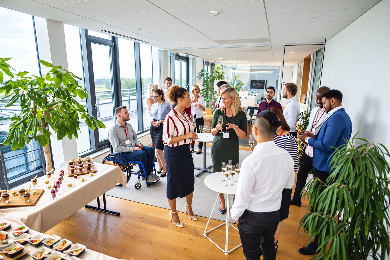 Des invités discutent, une coupe à la main, lors d'un cocktail dans des bureaux lumineux, près d'un buffet de petites bouchées sucrées et salées.