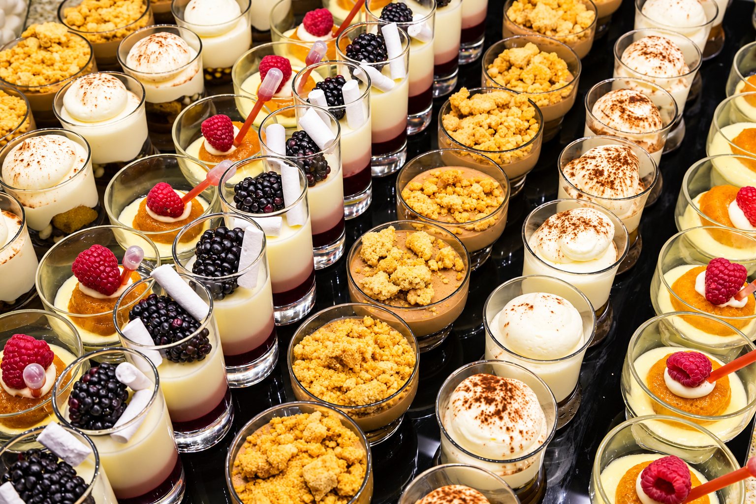 De nombreuses verrines de desserts alignées sur un plateau noir brillant, garnies de framboises, de mûres, de crumble et de crème saupoudrée de cacao.